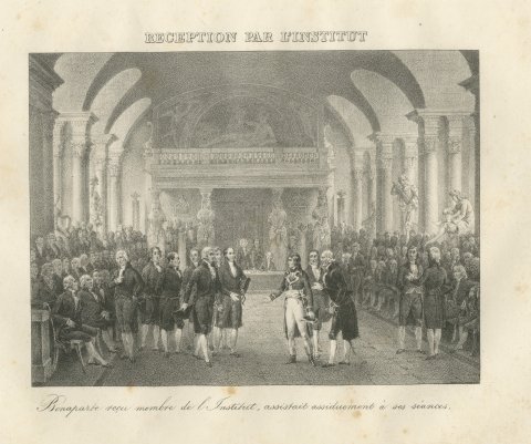 Bonaparte Received by the Institut de France, Antique Madou Lithograph, 1827