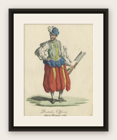 Original Print of the Costume of a German Officer in 1588, Published in 1805, shown framed