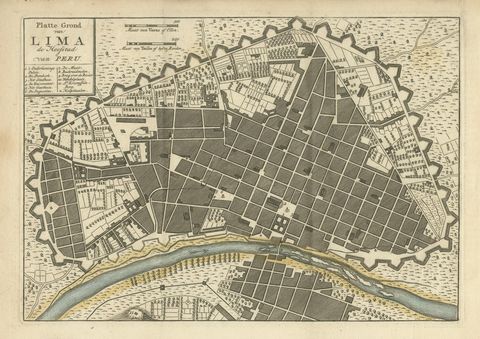 Antique Map of Lima Peru by Isaak Tirion, City Plan with Fortifications, 1769, close-up 1