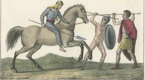 Etruscan Soldiers and a Fighting Horseman, Hand Colored Lithograph, 1842, close-up 2
