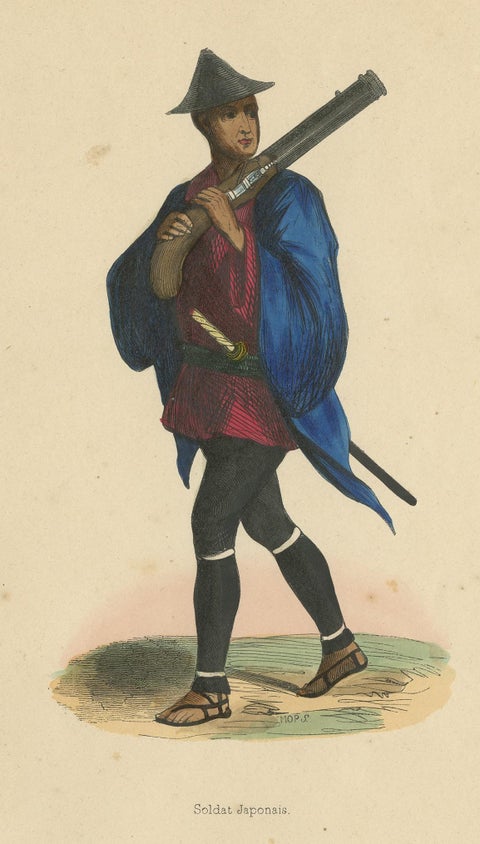 Antique Costume Print of a Japanese Soldier by Wahlen, 1843, view 2