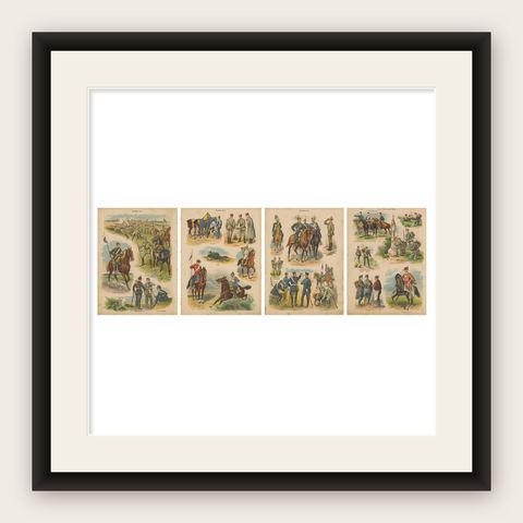 German & Austro-Hungarian Army Uniforms, Cavalry, Infantry & Officers, c.1890, shown framed