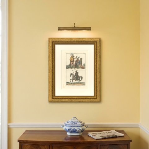 Ancient Germanic Militia and a Mounted Soldier, Hand Colored Lithograph, 1842, shown framed on a wall