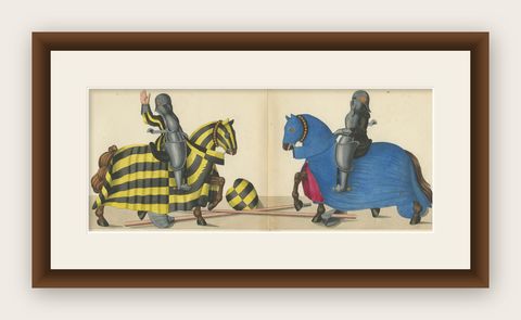 Hand-Coloured Jousting Litho: Knights on Striped and Starry Caparisoned Horses, shown framed