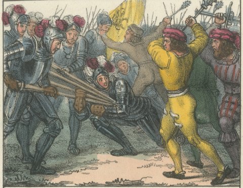 Arnold von Winkelried and the Anabaptists, Hand Colored Lithograph, 1842, close-up 1