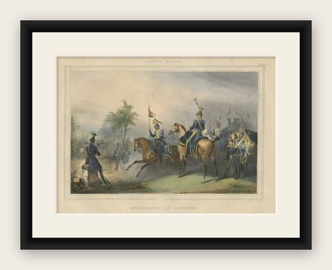 Nicely Hand-Colored Print of a Belgium Army Regiment Riding Horses, 1833, shown framed