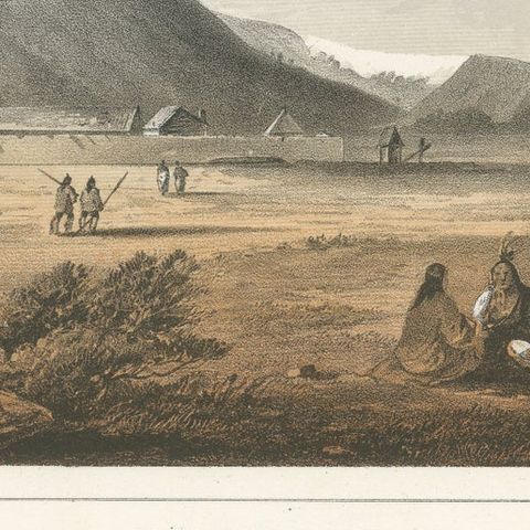 Fort Okinakane, Tinted Lithograph from the Pacific Railroad Survey, 1856, close-up 1
