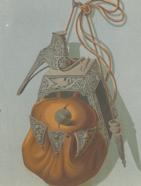Hunting and War Powder Flasks, Brussels Artillery Museum, Antique Print, 1851, close-up 2