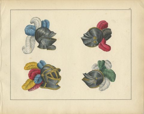 19th-Century Hand-Coloured Lithograph of Knightly Helmets with Vibrant Plumes, view 2