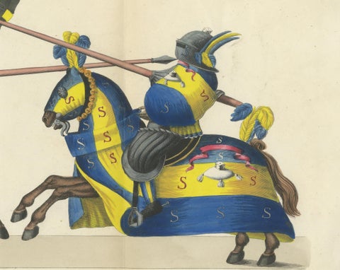 Hand-Coloured Knightly Joust Print: Vibrant Heraldic Horses and Armor, 1842, close-up 5