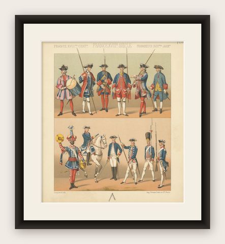 Pl. 126 Antique Print of French 18th Century Military Outfits by Racinet, shown framed