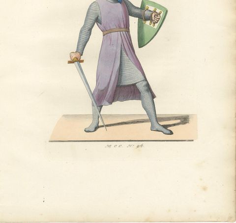 Antique Print 1845, Medieval Knight in Chainmail, Sword and Helmet, close-up 2