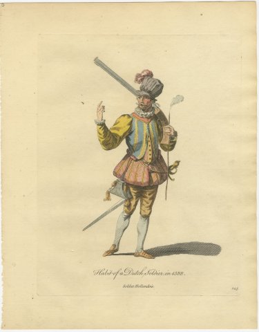 Dutch Soldier in 1588 with a Musket, Hand Colored Jefferys Costume Plate, 1757, view 2