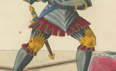 19th-Century Hand-Coloured Lithograph of Armoured Knights in Battle Scene, close-up 2
