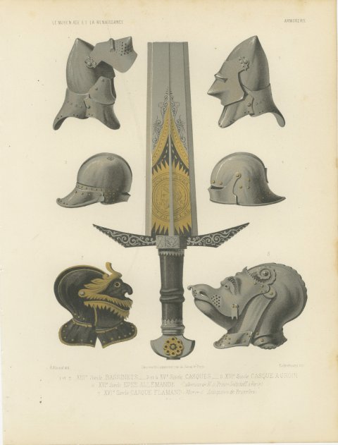 Medieval Helmets and a German Sword, Antique Print, 1851, view 2
