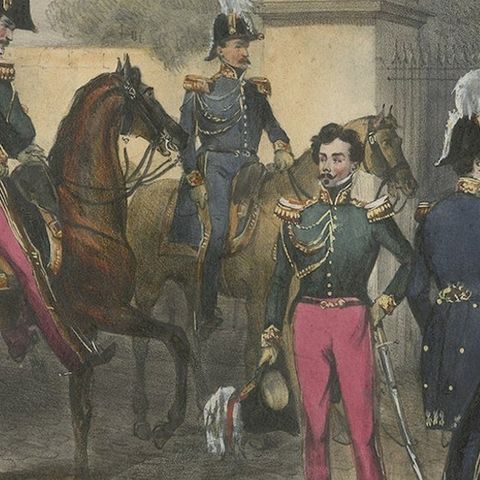 Handcolored Antique Print of Officers and Horses of the Belgium Army, 1833, close-up 2