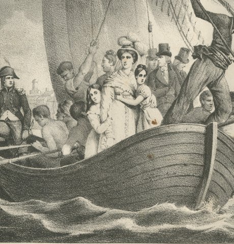 Arrival in France, the Bonapartes Flee Ajaccio, Antique Madou Lithograph, 1827, close-up 3