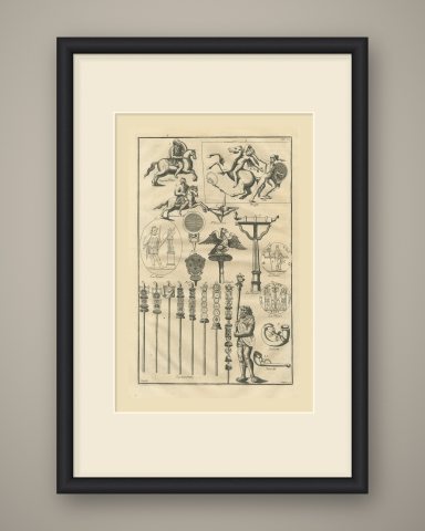 Roman Military Standards, Eagle and War Horns, Montfaucon Engraving, 1722, shown framed