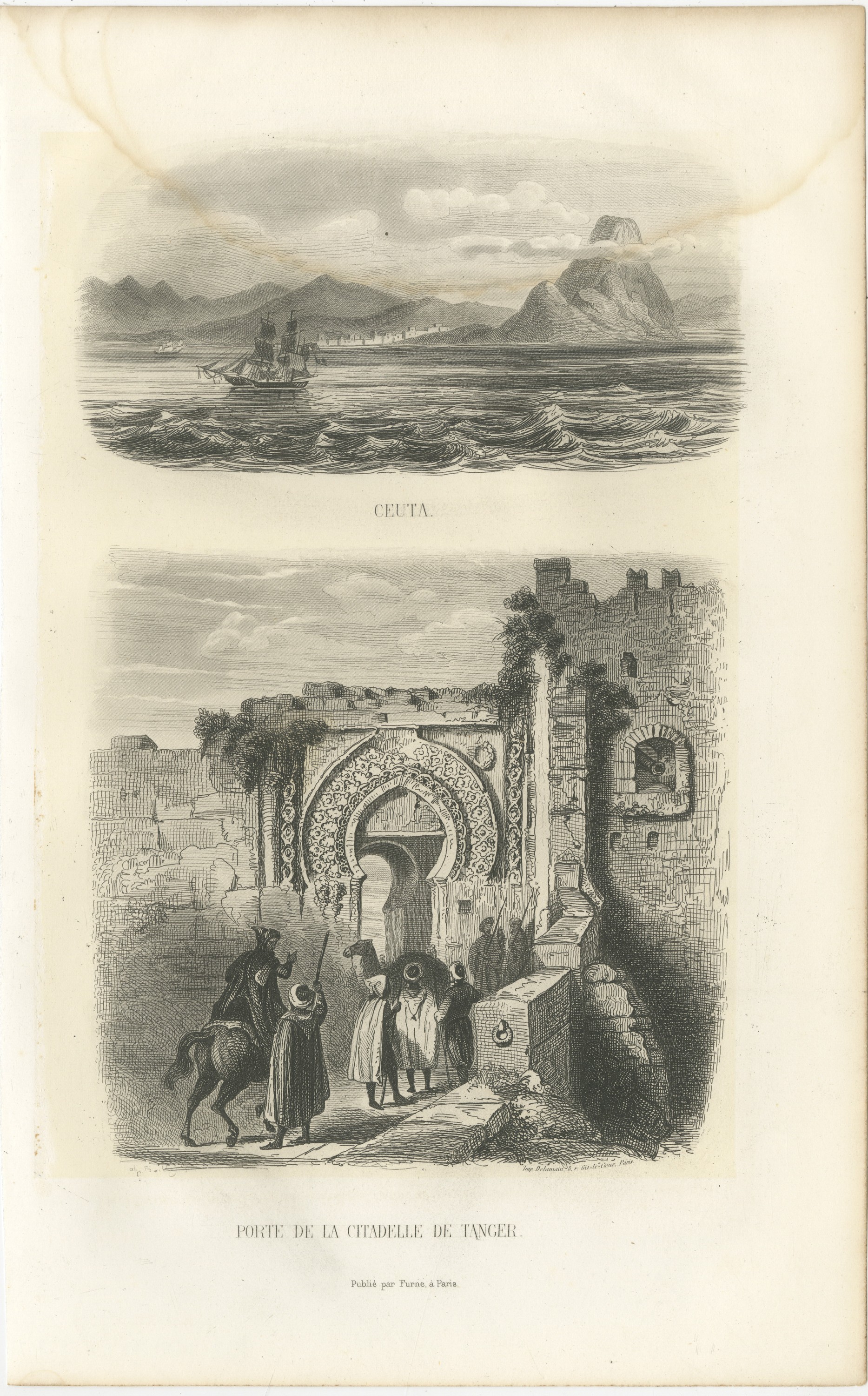 Ceuta from the Sea and Citadel Gate of Tangier, Morocco, Antique Print, 1859, view 2
