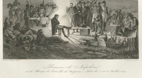 Napoleon at the Bivouac of Wagram, French Empire History Engraving, ca.1840, close-up 2