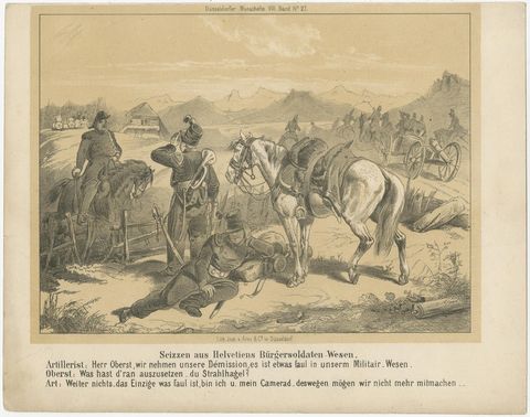 Antique Military Satire Prints, Swiss Citizen Soldiers, Düsseldorf, c.1850, view 2