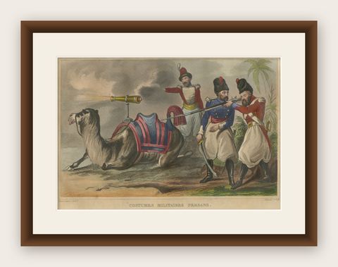 Antique Persian Military Scene with Camel, Hand-Colored Engraving c1820, shown framed