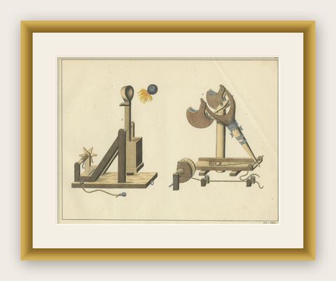 19th-Century Hand-Coloured Lithograph of Medieval Catapults and Siege Engines, shown framed