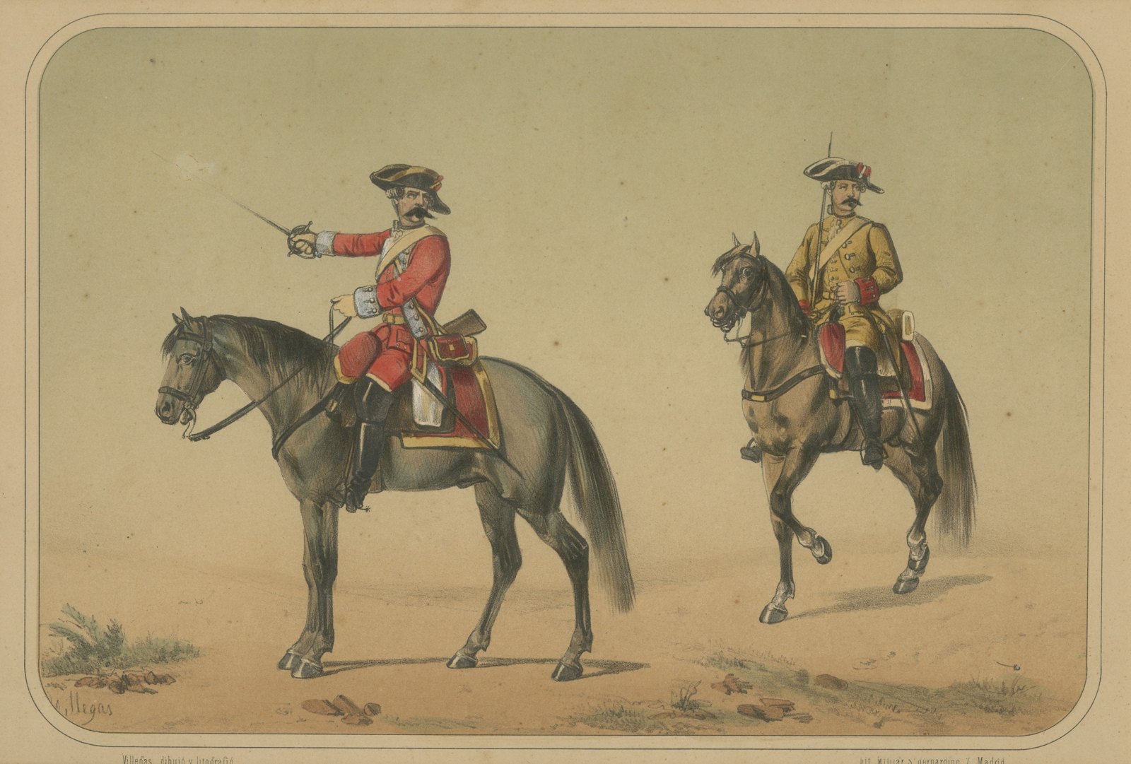 Two Spanish Cavalry Officers in Tricorn Hats, Villegas Lithograph, Madrid, 1861