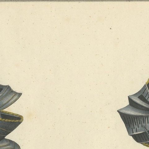 19th-Century Hand-Coloured Lithograph of Knightly Helmets with Vibrant Plumes, close-up 3