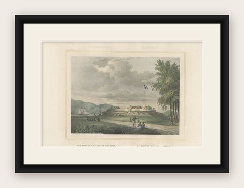 Antique Print with View of Fort Duurstede on Saparua, Indonesia, 1844, shown framed
