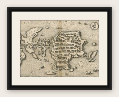Gallipoli Fortifications: A 1688 Engraved Bird’s-Eye Map by Mattheus Merian, shown framed