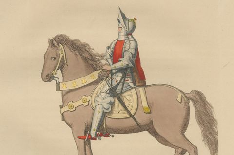 Medieval Knight on Horseback, Elegant Hand-Colored Antique Print, France 1845, close-up 2