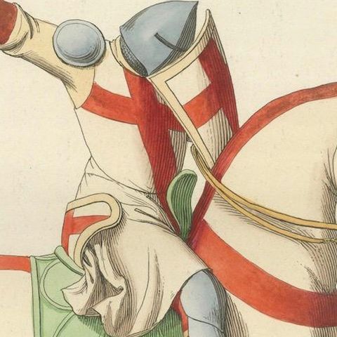 Charging Crusader Knight, Medieval Armor Print, circa 1400, published in 1845, close-up 3
