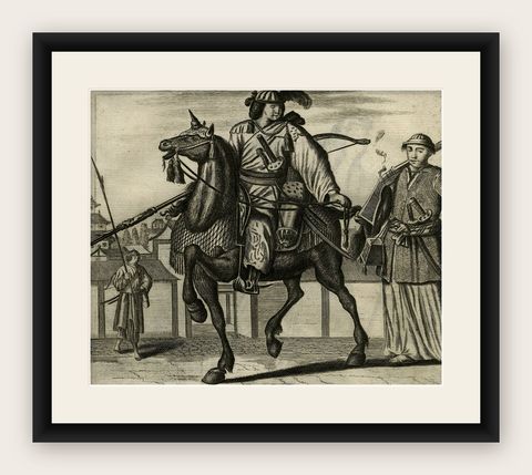Two Original Japanese Engravings on One Sheet, Soldiers & a Priest, 1669, shown framed