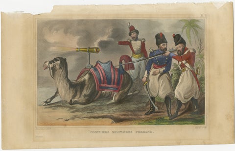 Antique Persian Military Scene with Camel, Hand-Colored Engraving c1820, view 2