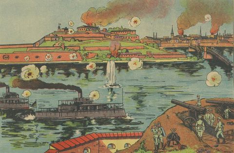 Belgrade Bombardment 1914, Color WWI Battle Print, Austrian-Serbian Front, close-up 2