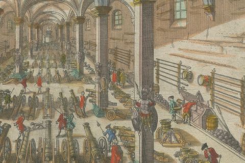 Perspective View of a Cannon Foundry, 18th-Century Hand-Colored Optical Print, close-up 1