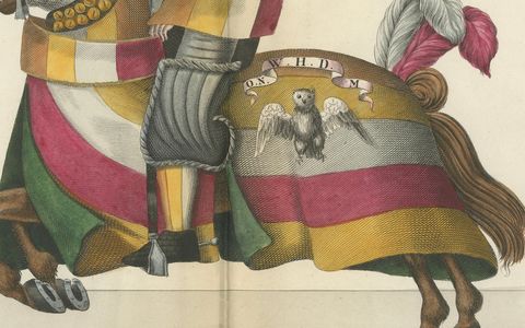 19th-Century Hand-Coloured Jousting Print: Heraldic Knights Charging in Contest, close-up 1
