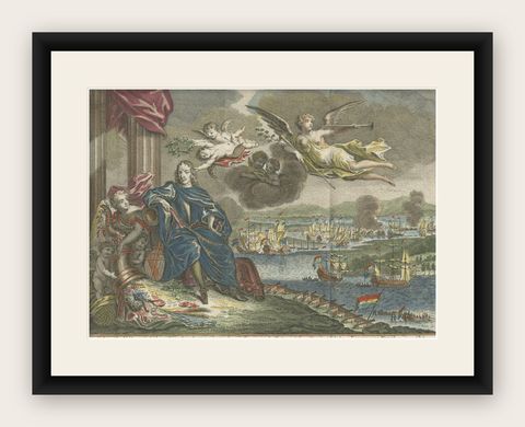 Old Engraving of the Battle of Chatham or Raid on Medway on the Thames, England, shown framed