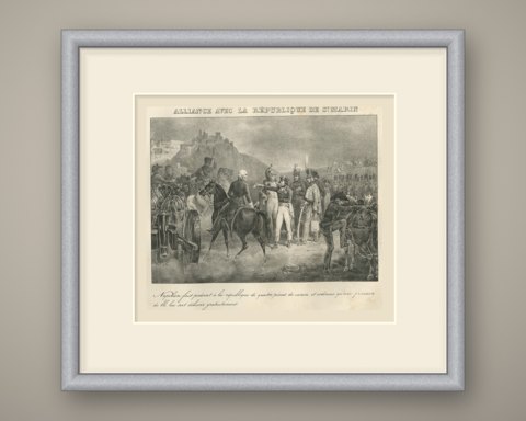 Alliance with San Marino, Four Cannon Given, Antique Madou Lithograph, 1827, shown framed