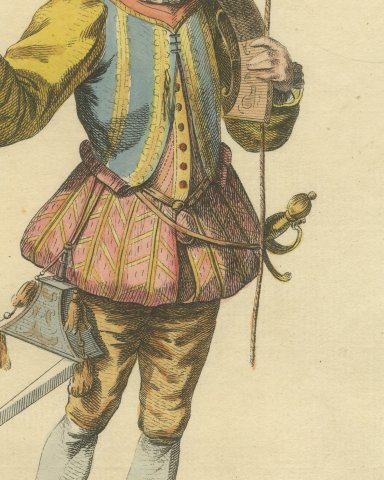 Dutch Soldier in 1588 with a Musket, Hand Colored Jefferys Costume Plate, 1757, close-up 2