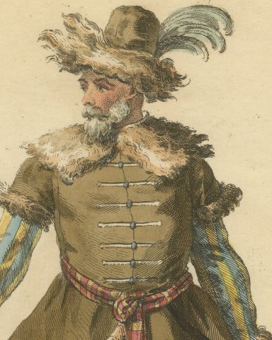 Habit of a Moscovian Officer in 1577 with Bow, Jefferys Costume Plate, 1757, close-up 1