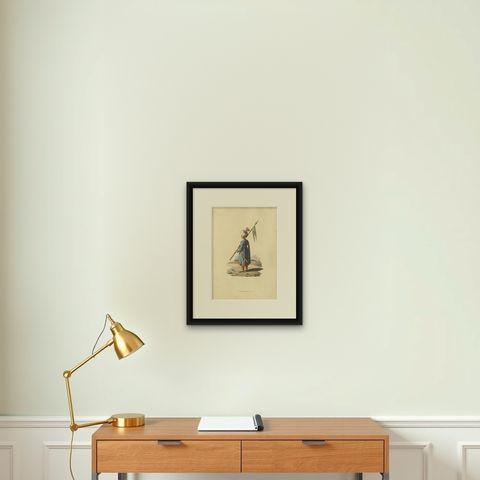 Antique Print Ensign Bearer of the Spahis, The Military Costume of Turkey, 1818, shown framed on a wall