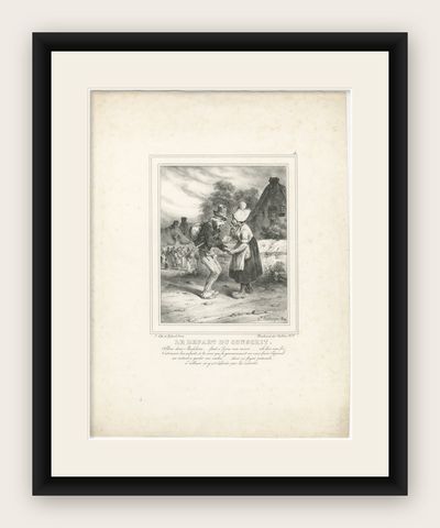 Young Soldier Saying Farewell to Sweetheart, Romantic French Lithograph c.1830, shown framed