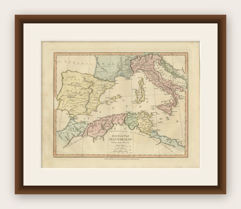 Hannibal’s Campaign Map, Spain to Italy via Alps, Wilkinson London 1817, shown framed