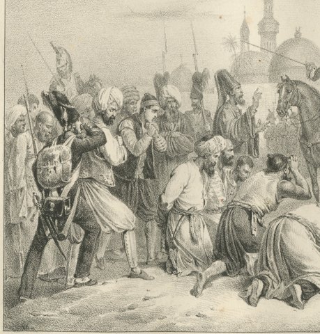 Pardon for the Rebels of Cairo, Egypt, Antique Madou Lithograph, 1827, close-up 1