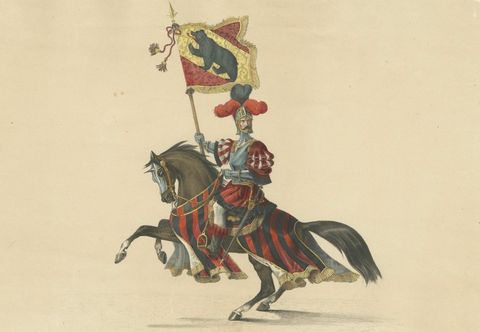 Proud Standard-Bearer of Bern, A Majestic Cavalry Figure from the 1853 Festival, close-up 1