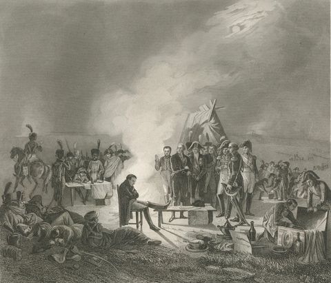Napoleon at the Bivouac of Wagram, French Empire History Engraving, ca.1840, close-up 1
