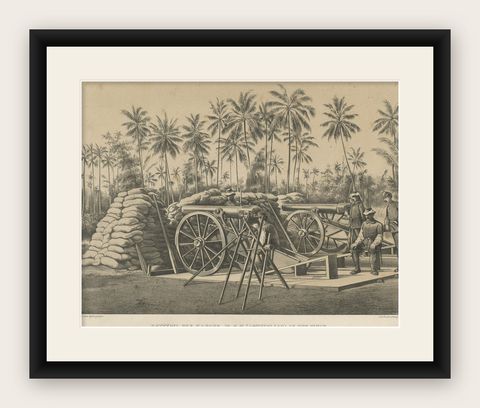 Antique Print Depicting a Military Scene with Canons, in Indonesia, 1784, shown framed