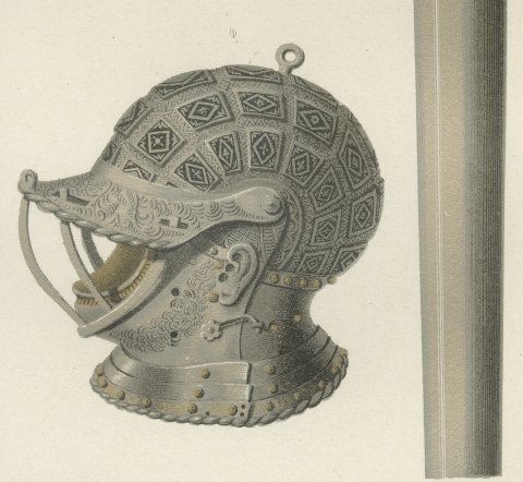 German and Italian Swords and Helmets, Antique Print, 1851, close-up 3
